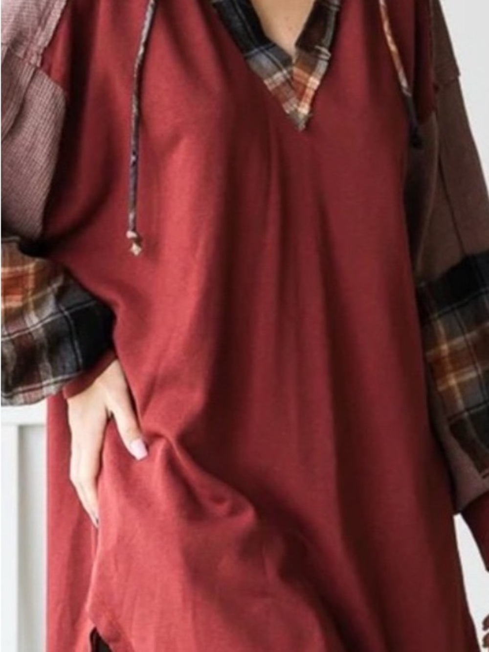 Oli & Hali French Terry Over sized Red Plaid Hooded Pull Over